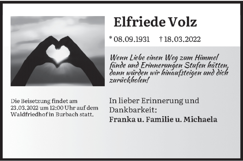  Traueranzeige für Elfriede Volz vom 22.03.2022 aus saarbruecker_zeitung
