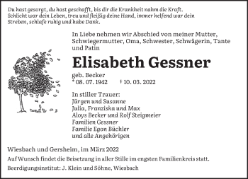 Traueranzeigen von Elisabeth Gessner | Saarbruecker-Zeitung.Trauer.de