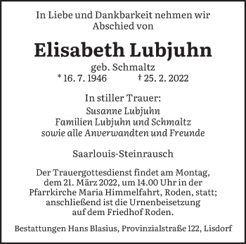 Traueranzeige von Elisabeth Lubjuhn von saarbruecker_zeitung