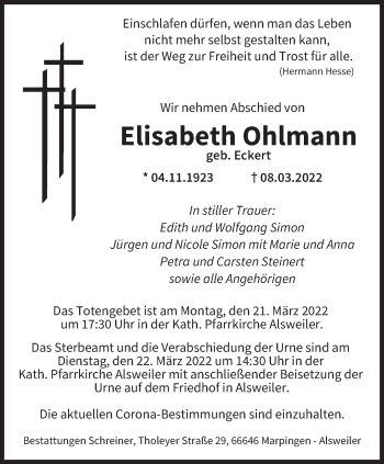 Traueranzeige von Elisabeth Ohlmann von saarbruecker_zeitung