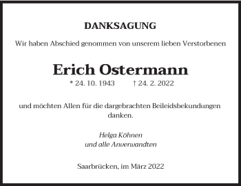 Traueranzeige von Erich Ostermann von saarbruecker_zeitung