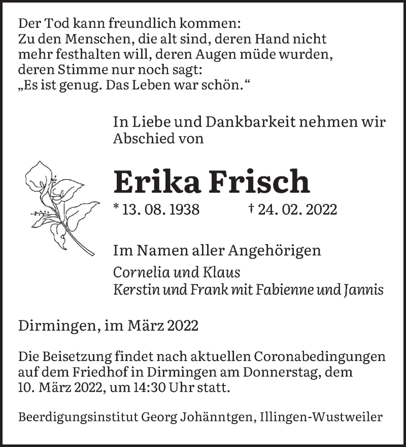  Traueranzeige für Erika Frisch vom 07.03.2022 aus saarbruecker_zeitung