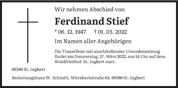 Traueranzeige von Ferdinand Stief von saarbruecker_zeitung