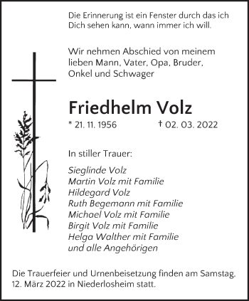 Traueranzeige von Friedhelm Volz von saarbruecker_zeitung