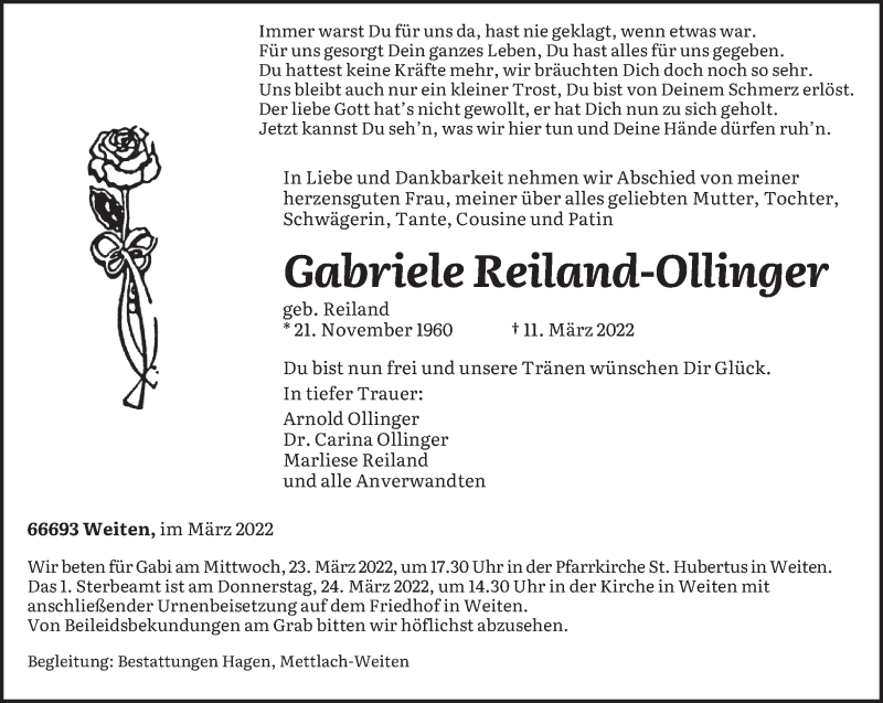  Traueranzeige für Gabriele Reiland-Ollinger vom 21.03.2022 aus saarbruecker_zeitung