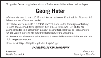 Traueranzeige von Georg Huter von saarbruecker_zeitung