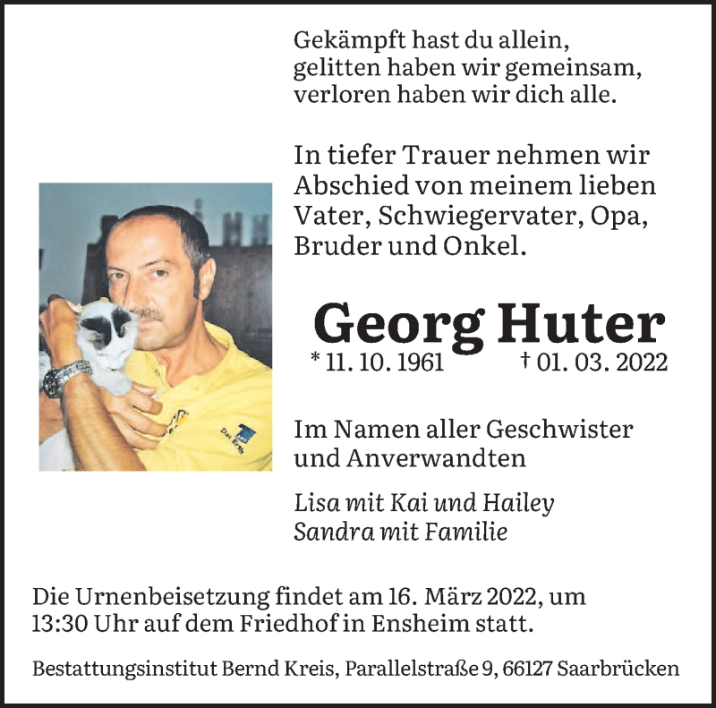  Traueranzeige für Georg Huter vom 12.03.2022 aus saarbruecker_zeitung