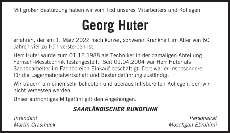  Traueranzeige für Georg Huter vom 12.03.2022 aus saarbruecker_zeitung