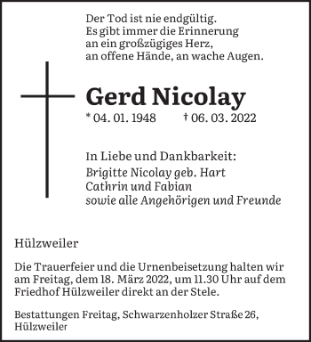 Traueranzeige von Gerd Nicolay von saarbruecker_zeitung