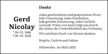 Traueranzeige von Gerd Nicolay von saarbruecker_zeitung