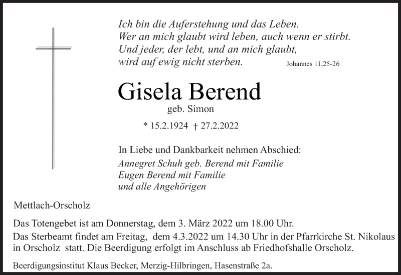  Traueranzeige für Gisela Berend vom 02.03.2022 aus saarbruecker_zeitung