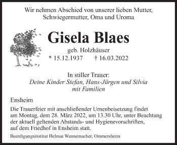 Traueranzeige von Gisela Blaes von saarbruecker_zeitung