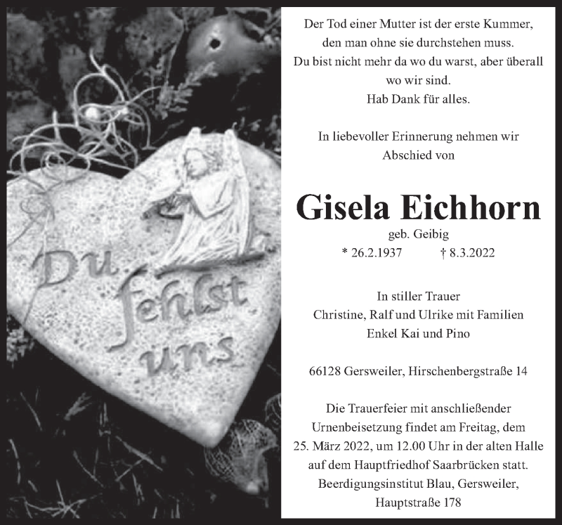  Traueranzeige für Gisela Eichhorn vom 19.03.2022 aus saarbruecker_zeitung