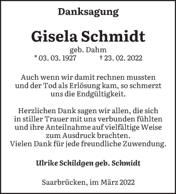 Traueranzeige von Gisela Schmidt von saarbruecker_zeitung