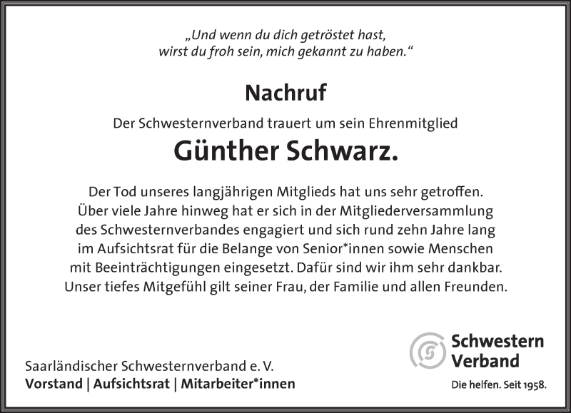  Traueranzeige für Günther Schwarz vom 19.03.2022 aus saarbruecker_zeitung