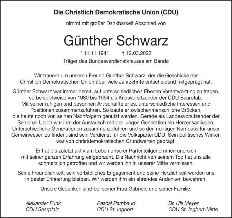  Traueranzeige für Günther Schwarz vom 19.03.2022 aus saarbruecker_zeitung