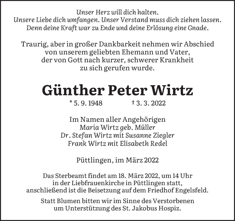  Traueranzeige für Günther Peter Wirtz vom 12.03.2022 aus saarbruecker_zeitung
