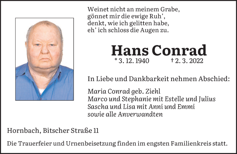  Traueranzeige für Hans Conrad vom 09.03.2022 aus saarbruecker_zeitung