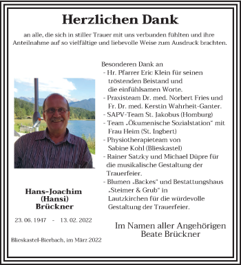 Traueranzeige von Hans-Joachim Brückner von saarbruecker_zeitung