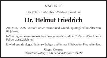 Traueranzeige von Helmut Friedrich von saarbruecker_zeitung