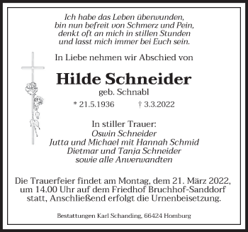 Traueranzeige von Hilde Schneider von saarbruecker_zeitung