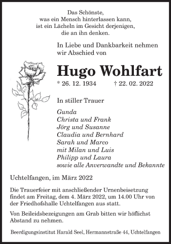 Traueranzeige von Hugo Wohlfart von saarbruecker_zeitung