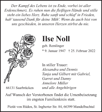 Traueranzeige von Ilse Noll von saarbruecker_zeitung