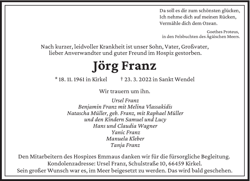  Traueranzeige für Jörg Franz vom 29.03.2022 aus saarbruecker_zeitung
