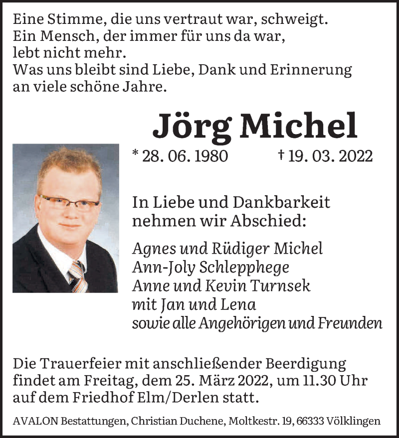  Traueranzeige für Jörg Michel vom 23.03.2022 aus saarbruecker_zeitung