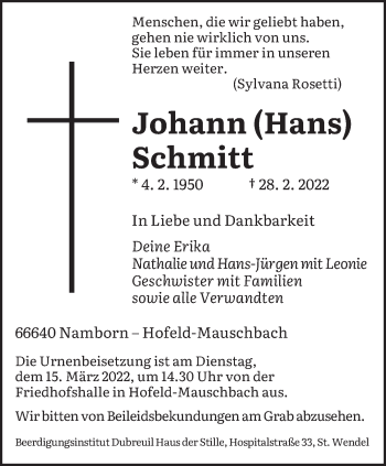 Traueranzeige von Johann Schmitt von saarbruecker_zeitung