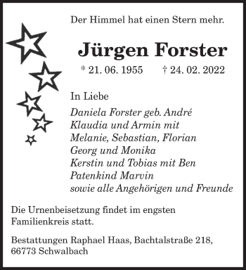 Traueranzeige von Jürgen Forster von saarbruecker_zeitung