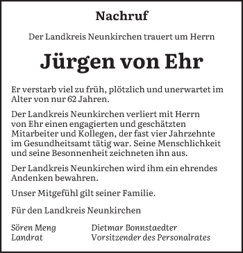 Traueranzeige von Jürgen von Ehr von saarbruecker_zeitung