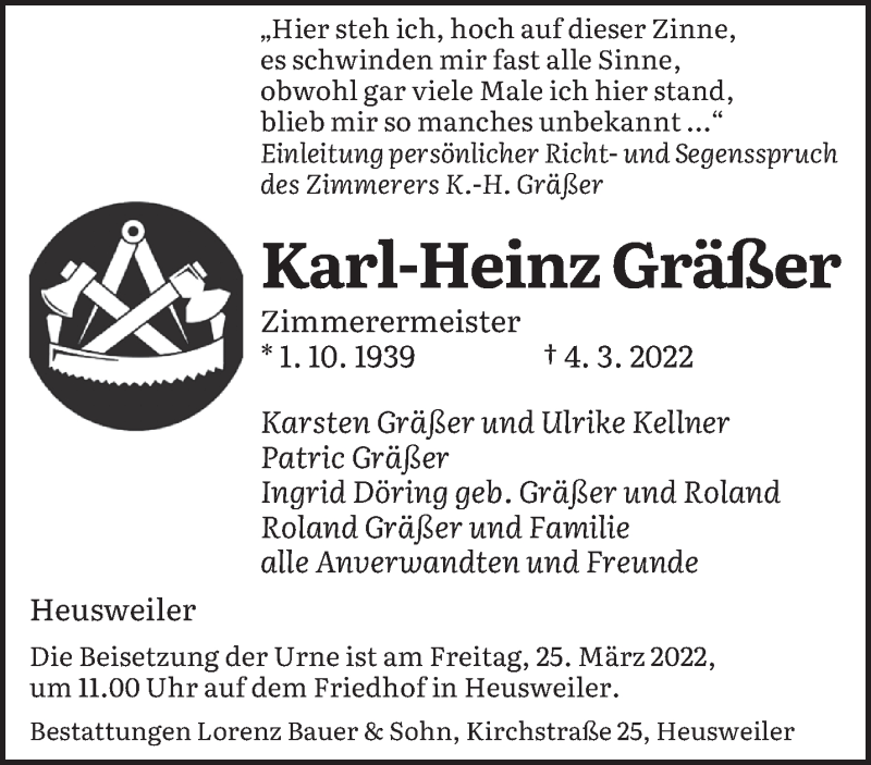  Traueranzeige für Karl-Heinz Gräßer vom 19.03.2022 aus saarbruecker_zeitung