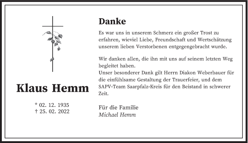  Traueranzeige für Klaus Hemm vom 26.03.2022 aus saarbruecker_zeitung