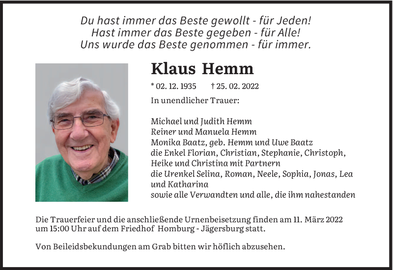  Traueranzeige für Klaus Hemm vom 05.03.2022 aus saarbruecker_zeitung