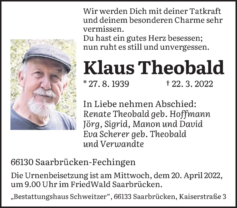  Traueranzeige für Klaus Theobald vom 26.03.2022 aus saarbruecker_zeitung