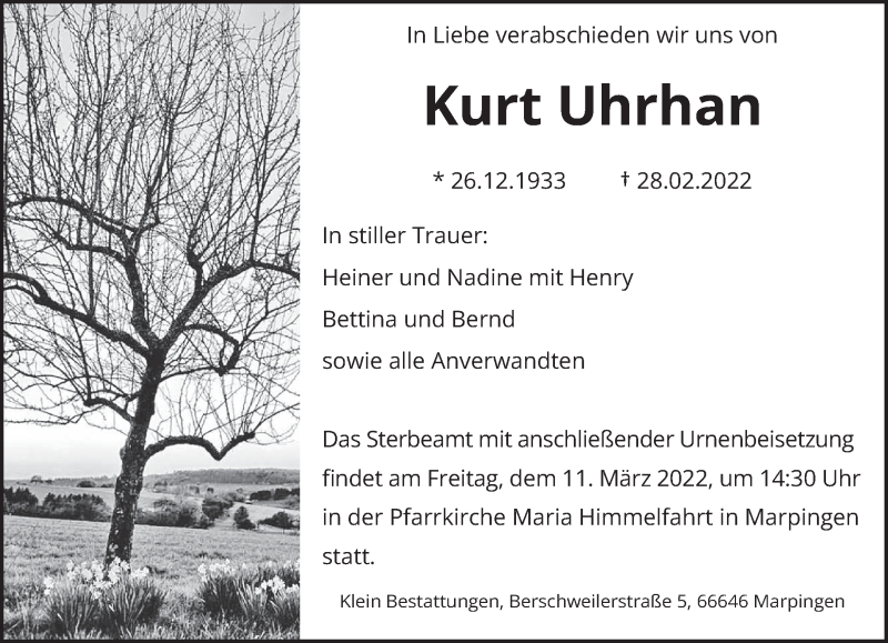  Traueranzeige für Kurt Uhrhan vom 05.03.2022 aus saarbruecker_zeitung