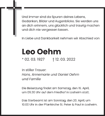 Traueranzeige von Leo Oehm von saarbruecker_zeitung