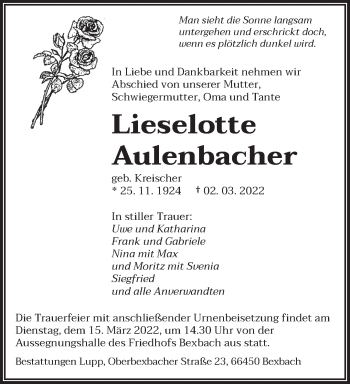 Traueranzeige von Lieselotte Aulenbacher von saarbruecker_zeitung