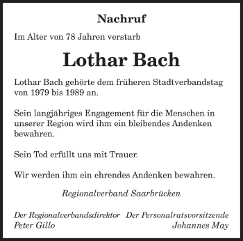 Traueranzeige von Lothar Bach von saarbruecker_zeitung
