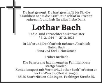 Traueranzeige von Lothar Bach von saarbruecker_zeitung