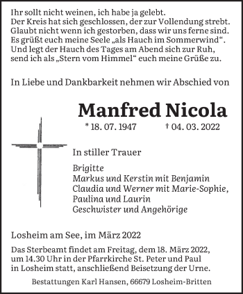 Traueranzeige von Manfred Nicola von saarbruecker_zeitung