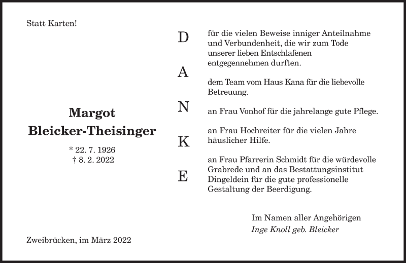  Traueranzeige für Margot Bleicker-Theisinger vom 03.03.2022 aus saarbruecker_zeitung
