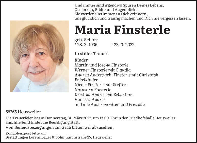  Traueranzeige für Maria Finsterle vom 26.03.2022 aus saarbruecker_zeitung
