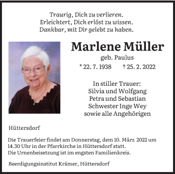 Traueranzeige von Marlene Müller von saarbruecker_zeitung