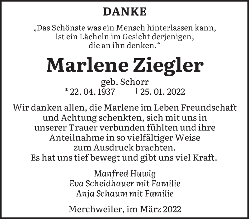  Traueranzeige für Marlene Ziegler vom 12.03.2022 aus saarbruecker_zeitung