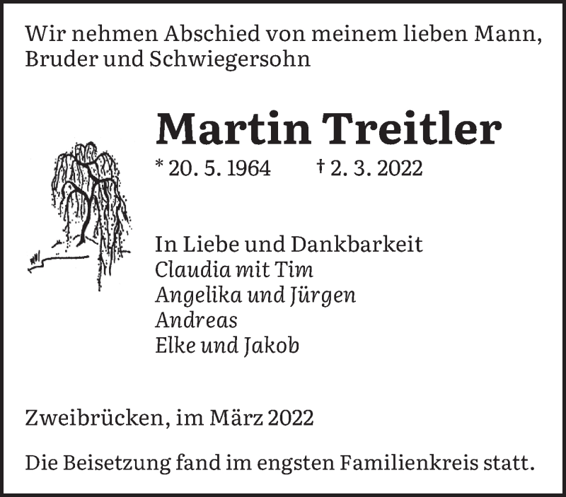  Traueranzeige für Martin Treitler vom 19.03.2022 aus saarbruecker_zeitung