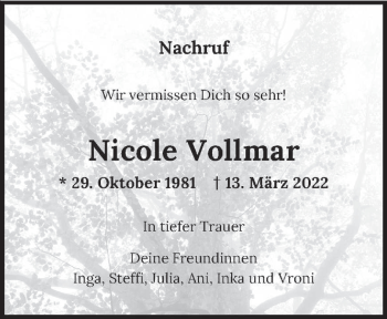 Traueranzeige von Nicole Vollmar von saarbruecker_zeitung