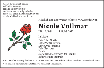 Traueranzeige von Nicole Vollmar von saarbruecker_zeitung