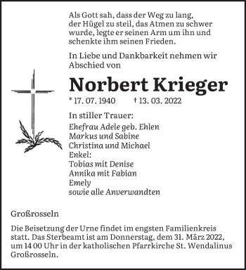 Traueranzeige von Norbert Krieger von saarbruecker_zeitung